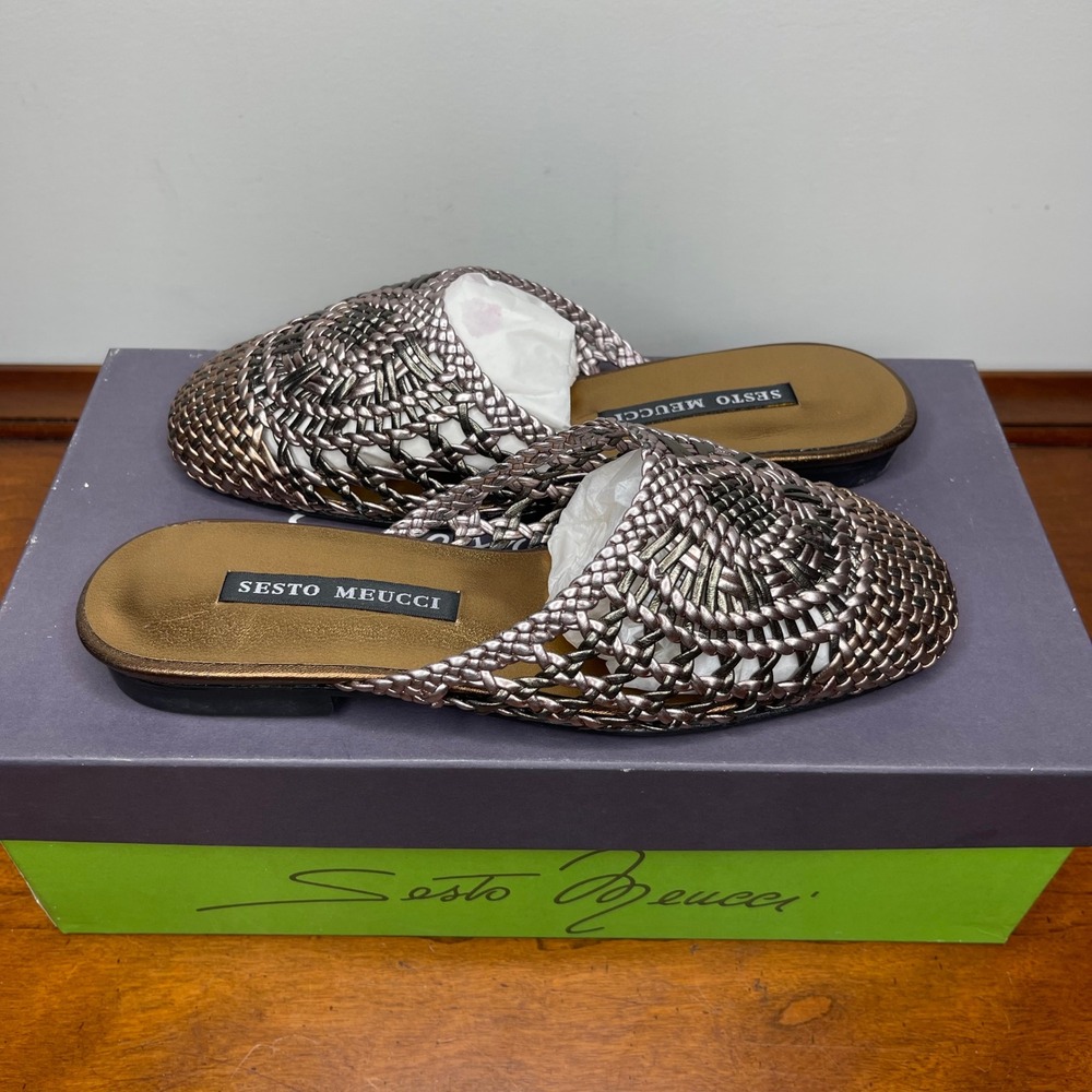 Sesto Meucci Woven‎ Metallic Leather Mules Bronze Pewter Flat Slides Womens 5 M